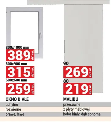 Okno Malibu przesuwne z płyty melowej, kolor biały, dąb sonoma 90 promocja w Merkury Market