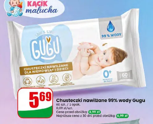 Chusteczki nawilżane 99% wody Gugu promocja w Dino