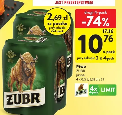 Piwo Żubr jasne 4-pack promocja w Intermarche