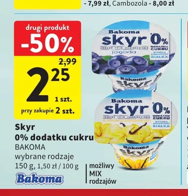 Jogurt typu islandzkiego Skyr dodatku cukru Bakoma 0% promocja w Intermarche