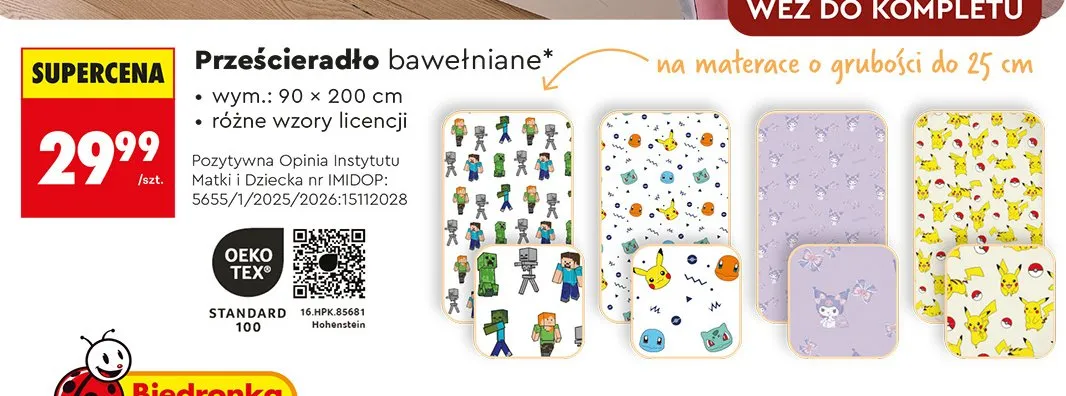 Prześcieradło bawełniane Pokémon 90x200 cm promocja w Biedronka