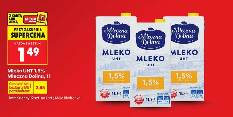Mleko UHT 1,5% Mleczna Dolina promocja w Biedronka