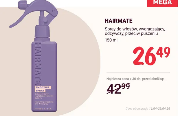 Spray do włosów wygładzający odżywczy przeciw puszeniu Hairmate Smoothie Spray promocja w Rossmann