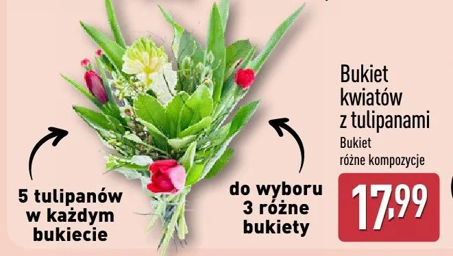 Bukiet kwiatów z tulipanami różne kompozycje do wyboru 3 różne bukiety promocja w Aldi
