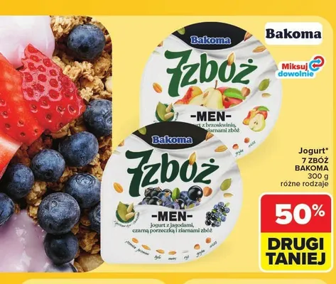 Jogurt Bakoma 7 Zbóż z jagodami czarną porzeczką i ziarnami zbóż promocja w Carrefour Market