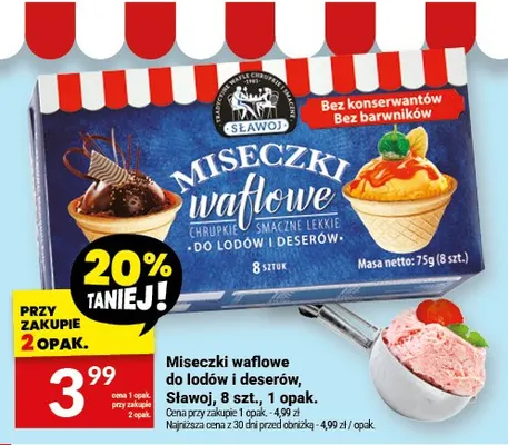 Miseczki waflowe do lodów i deserów Sławoj, 8 szt., 1 opak. promocja w Twój Market