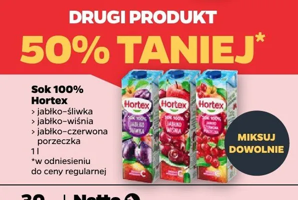 Sok 100% jabłko-śliwka, jabłko-wiśnia, jabłko-czerwona porzeczka promocja w Netto