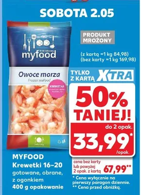 Krewetki 16-20 gotowane obrane z ogonkiem mrożone Myfood promocja w Kaufland