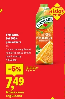 Sok 100% pomarańcza Tymbark promocja w Lidl