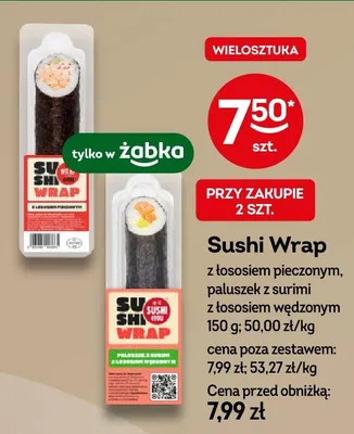 Sushi Wrap z łososiem pieczonym, paluszek z surimi z łososiem wędzonym promocja w Żabka