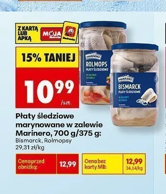 Płaty śledziowe marynowane w zalewie Rolmopsy Marinero promocja w Biedronka