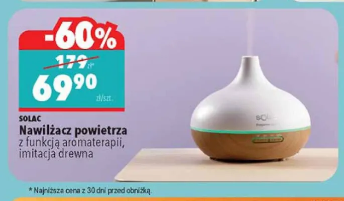 Nawilżacz powietrza SOLAC z funkcją aromaterapii imitacja drewna promocja w Biedronka