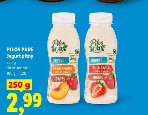 Jogurt pitny brzoskwinia jabłko banan owies Pilos Pure promocja w Lidl