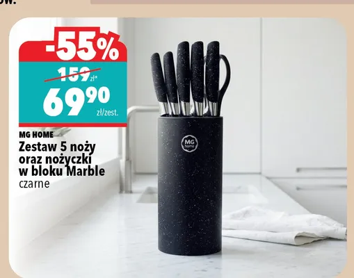 Zestaw 5 noży oraz nożyczki MG Home w bloku Marble czarne promocja w Biedronka Home
