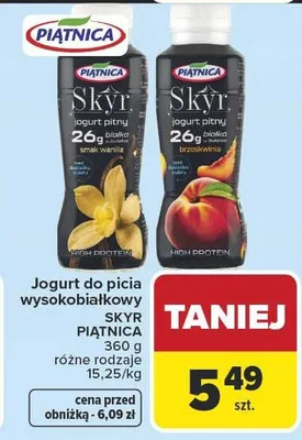 Jogurt do picia wysokobiałkowy Skyr Piątnica smak brzoskwinia promocja w Carrefour