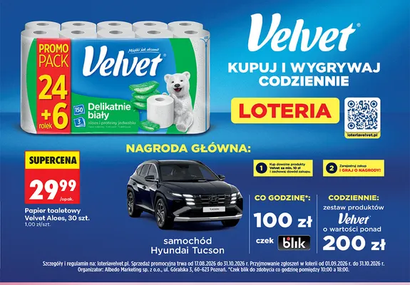 Papier toaletowy Velvet Aloes 30-pak promocja w Biedronka