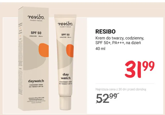 Krem do twarzy codzienny SPF 50+ PA+++ na dzień Resibo promocja w Rossmann