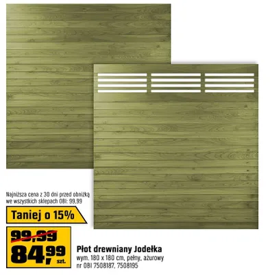 Płot drewniany Jodełka 180x180cm pełny azurowy promocja w OBI