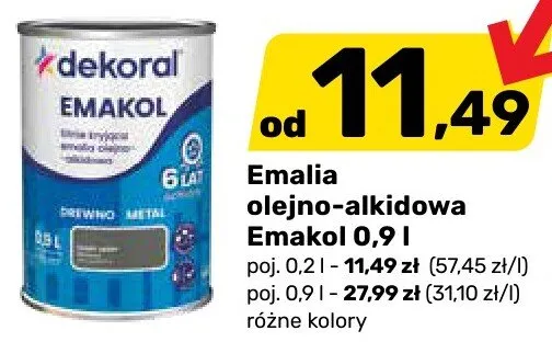 Emalia olejno-alkidowa Emakol 0,9 l Dekoral promocja w Bricomarche