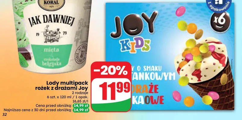 Lody 6-pak rożek z drażami Joy promocja w Dino