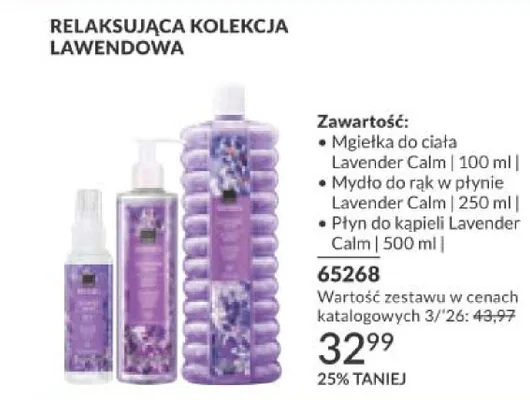 Relaksująca kolekcja lawendowa - mgiełka do ciała, mydło do rąk, płyn do kąpieli Lavender Calm promocja w AVON