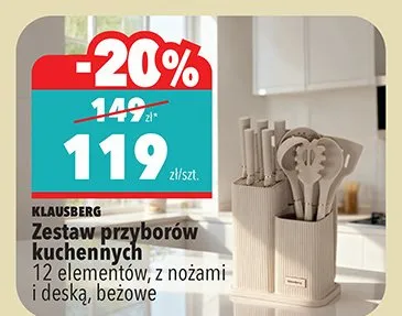 Zestaw przyborów kuchennych 12 elementów, z nożami i deską, beżowe promocja w Biedronka