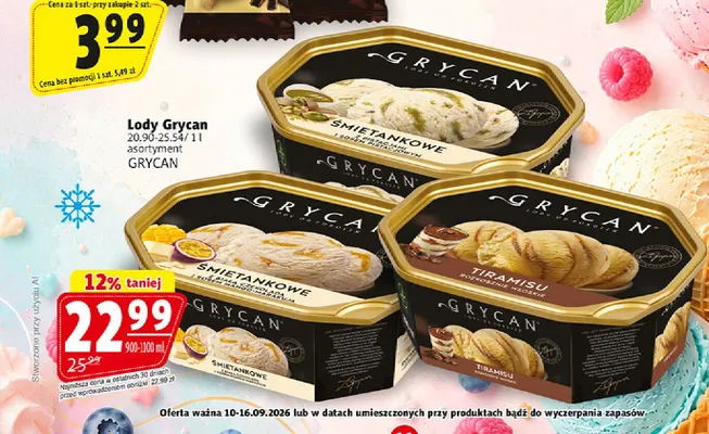 Lody Grycan śmietankowe z białą czekoladą i sosem mango-marakuja promocja w Prim Market