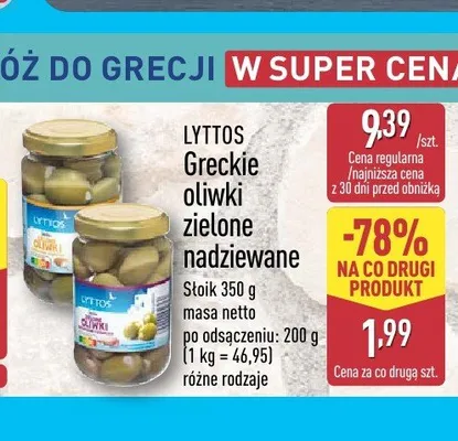 Greckie oliwki zielone nadziewane Lyttos promocja w Aldi
