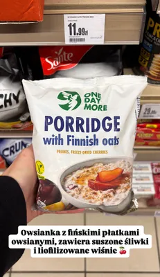 Owsianka z fińskimi płatkami owsianymi, suszonymi śliwkami i liofilizowanymi wiśniami promocja w Intermarche