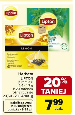 Herbata LIPTON piramidki 4-17 g x 20 szt. różne rodzaje promocja w Carrefour Market