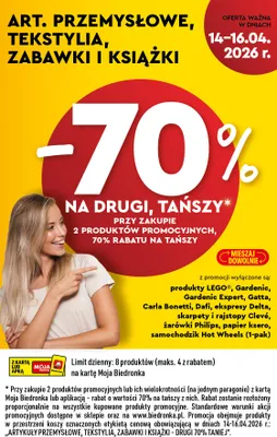 Artykuły przemysłowe, tekstylia, zabawki i książki  DRRUGI PRODUKT -70% promocja w Biedronka
