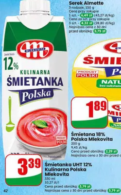 Śmietanka UHT 12% kulinarna Polska Mlekovita promocja w Dino