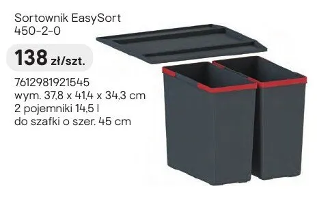 Sortownik EasySort 450-2-0 wym. 37,8x41,4x34,3cm 2 pojemniki 14,5l do szafki o szer. 45cm promocja w Castorama