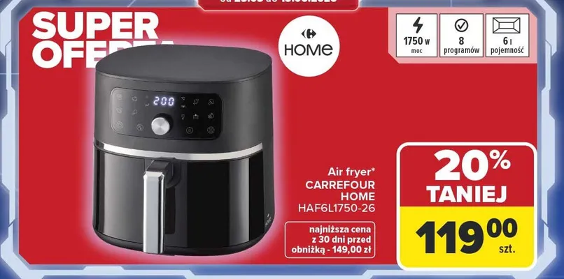 Air fryer CARREFOUR HOME HAF6L1750-26 1750W 8 programów 6l promocja w Carrefour