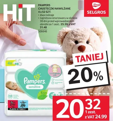 Chusteczki nawilżane Pampers Sensitive 4x52 szt. promocja w Selgros
