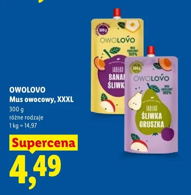 Mus owocowy jabłko śliwka gruszka Owolovo XXXL promocja w Lidl
