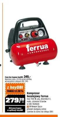 Kompresor bezolejowy Ferrua promocja w OBI