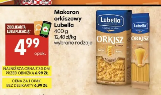 Makaron orkiszowy Lubella spaghetti promocja w Delikatesy Centrum
