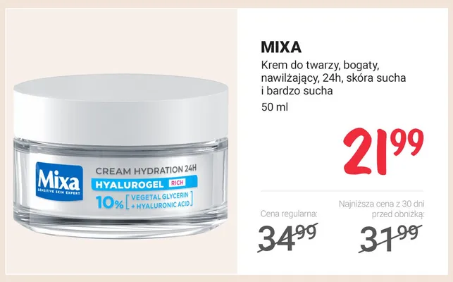Krem do twarzy bogaty nawilżający 24h skóra sucha i bardzo sucha Mixa promocja w Rossmann