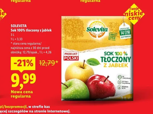 Sok 100% tłoczony z jabłek Solevita promocja w Lidl