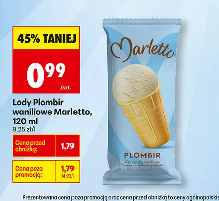 Lody Plombir waniliowe Marletto promocja w Biedronka