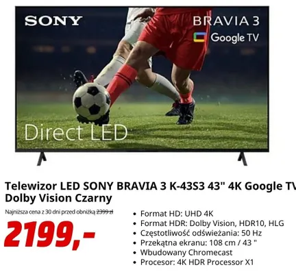 Telewizor LED SONY BRAVIA 3 43" 4K promocja w Media Markt
