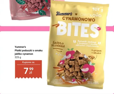 Płatki poduszki o smaku jabłko-cynamon Yummer's Owolovo Bites promocja w Dino