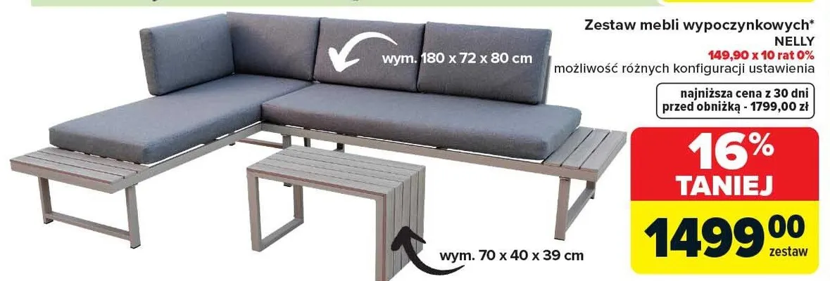 Zestaw mebli wypoczynkowych Nelly możliwość różnych konfiguracji ustawienia 180x72x80cm promocja w Carrefour
