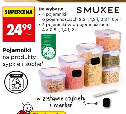 Pojemniki na produkty sypkie i suche 6 pojemników Smukee promocja w Biedronka