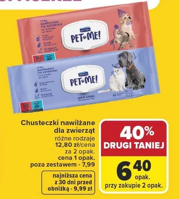 Chusteczki nawilżane dla zwierząt Pet Me! różne rodzaje promocja w Carrefour Market