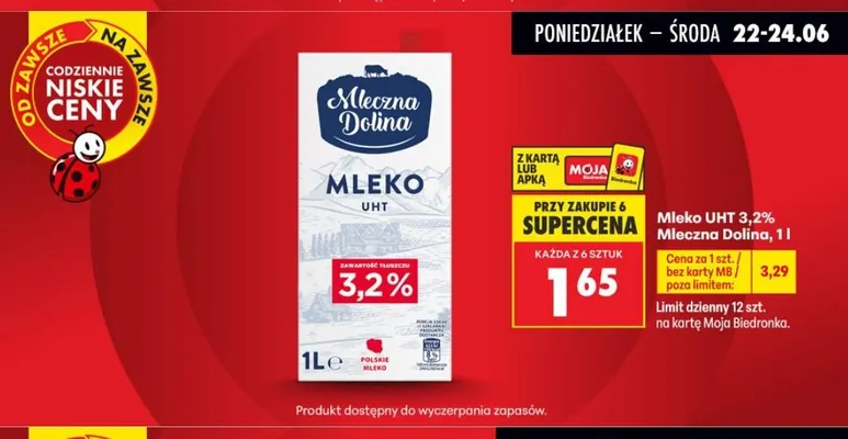 Mleko UHT 3,2% Mleczna Dolina promocja w Biedronka