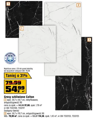 Gresy szkliwione Colton wym. 59,7x59,7cm rektyfikowane antypoślizgowość R9 nr OBI 7332109 7332117 promocja w OBI