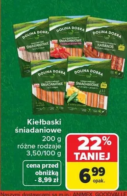 Kiełbaski śniadaniowe różne rodzaje Dolina Dobra promocja w Carrefour