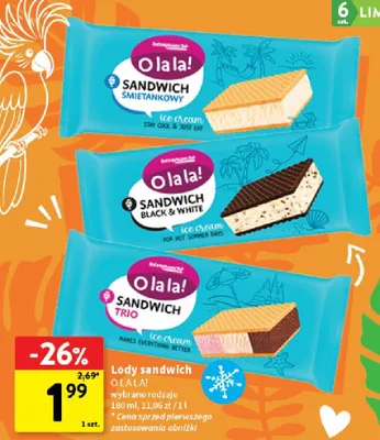 Lody sandwich śmietankowy O la la! promocja w Intermarche